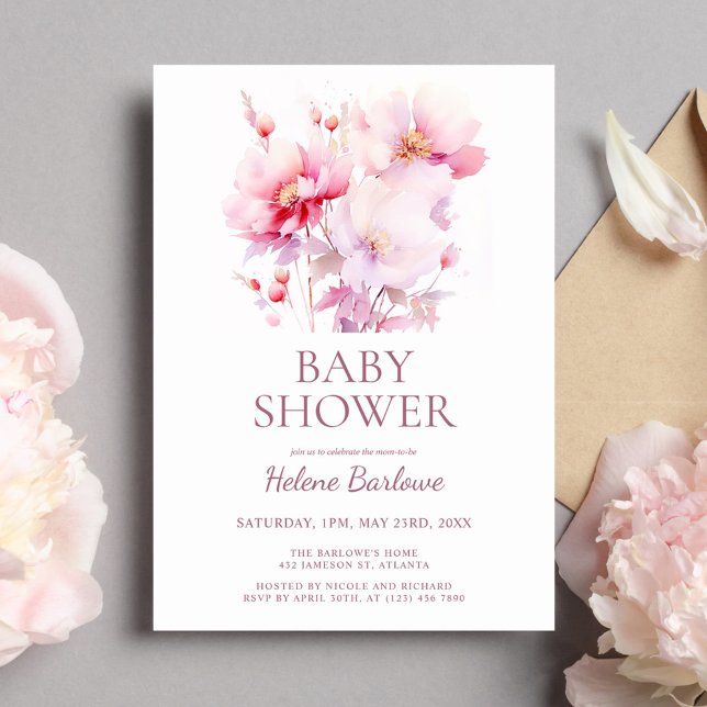 Pink Floral Watercolor Girl Babydusche Einladung (Pink Floral Watercolor Girl Baby Shower Invitation)