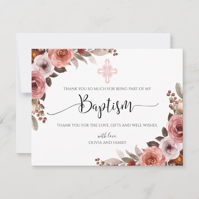 Pink Floral Watercolor Girl's Taufe Danke (Vorderseite)