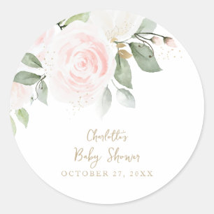 Pink Floral Watercolor Gold Baby Dusche Runder Aufkleber