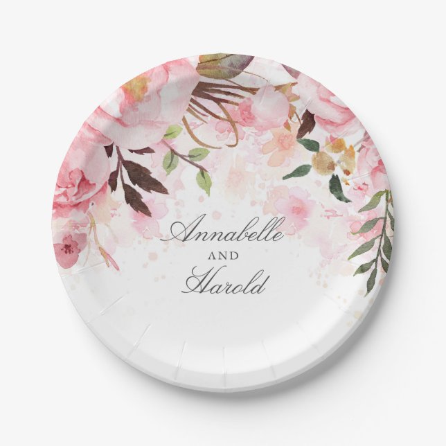 Pink Floral Watercolor Hochzeit Pappteller (Vorderseite)