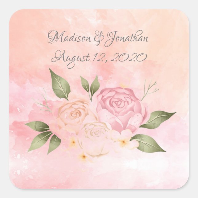 Pink Floral Watercolor Hochzeit Quadratischer Aufkleber (Vorderseite)