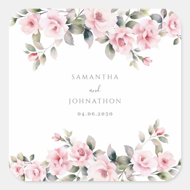 Pink Floral Watercolor Hochzeit Quadratischer Aufkleber (Vorderseite)