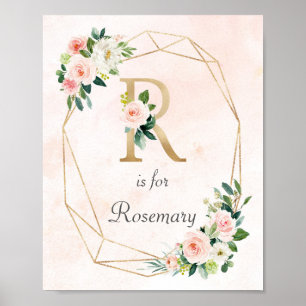 Pink Floral Watercolor Monogram Baby Name Kinderzi Poster