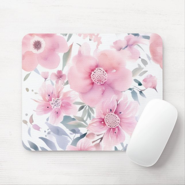 Pink Floral Watercolor  Mousepad (Mit Mouse)