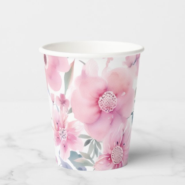 Pink Floral Watercolor  Pappbecher (Vorderseite)