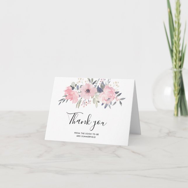 Pink Floral Watercolor Script-Brautparty Dankeskarte (Vorderseite)