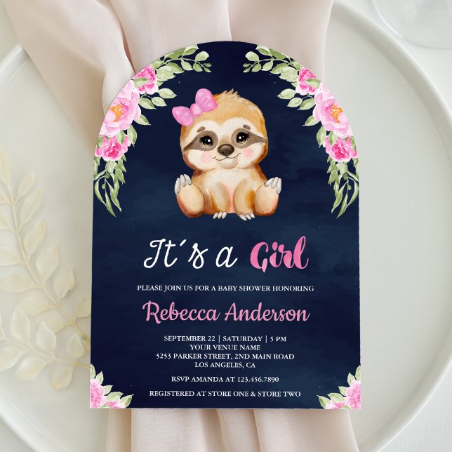 Pink Floral Watercolor Sloth Arch Navy Babydusche Einladung (Von Creator hochgeladen)