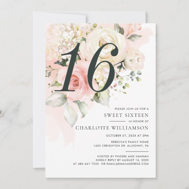 Pink Floral Watercolor Sweet 16 Birthday Party Einladung (Vorderseite)