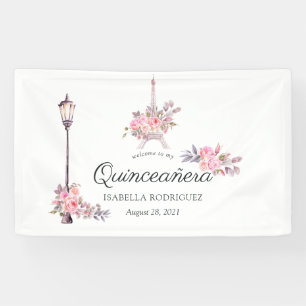 Pink Floral Watercolor Vintag Paris Quinceañera Banner