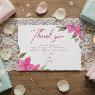 Pink Floral Watercolor Wedding Flat Thank You Card Dankeskarte