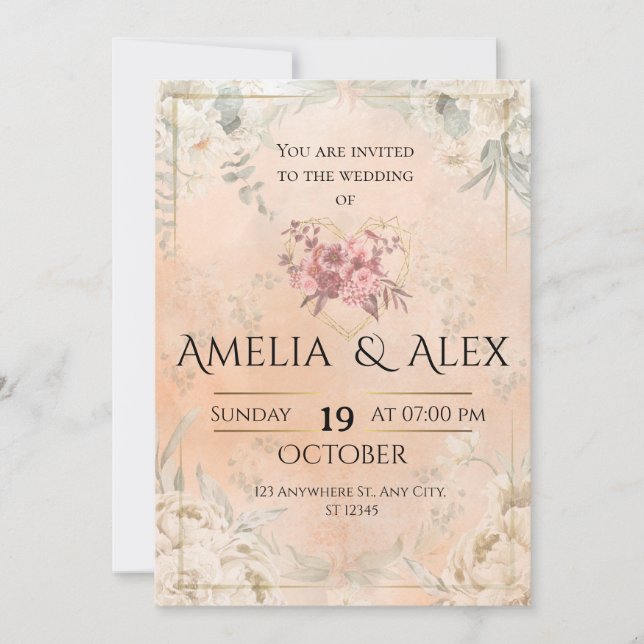 Pink Floral Wedding Invitation | Elegant Customiza Einladung (Vorderseite)