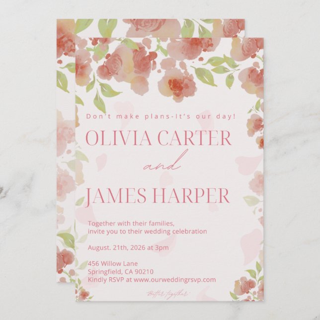 Pink Floral Wedding Invitation – Elegant Rustic Einladung (Vorne/Hinten)