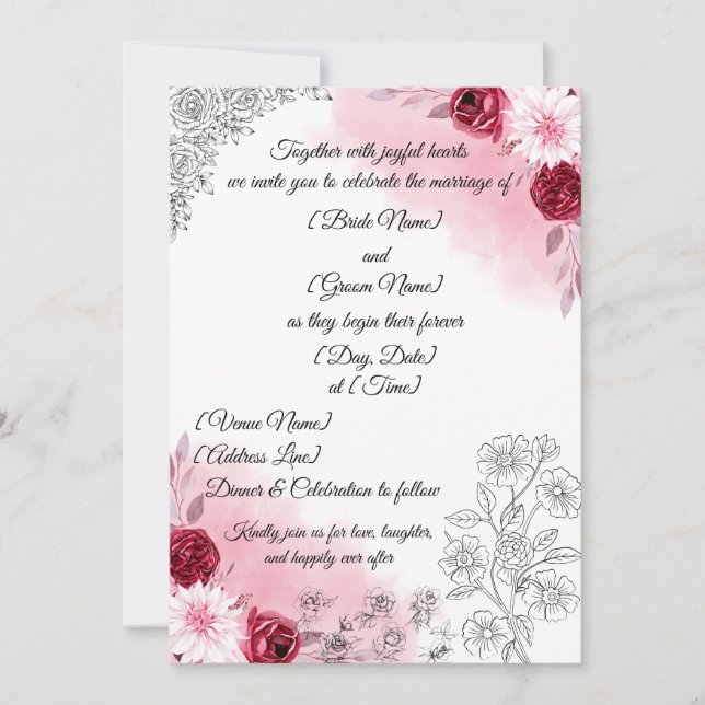 Pink Floral Wedding Invitation | Elegant White  Einladung (Vorderseite)