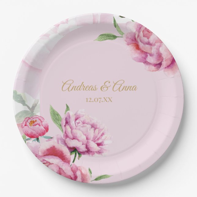 Pink Floral Wedding  Pappteller (Vorderseite)