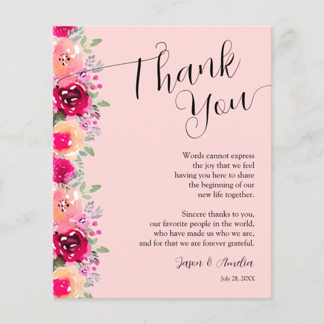 Pink Floral Wedding Plate Danke Flyer (Vorne)