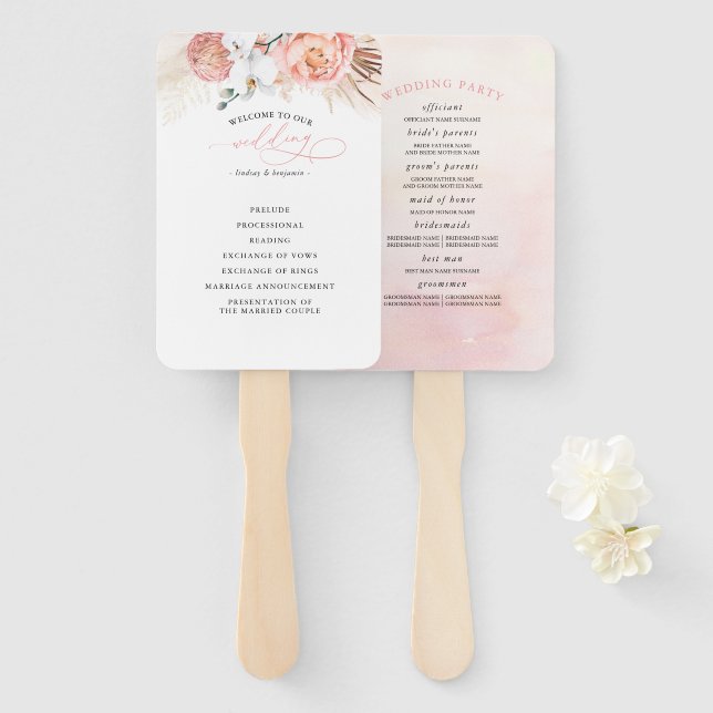 Pink Floral Wedding Program Hand Fan Fächer (Vorne und Hinten)