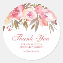 Pink Floral Wedding Script Vielen Dank Runder Aufkleber
