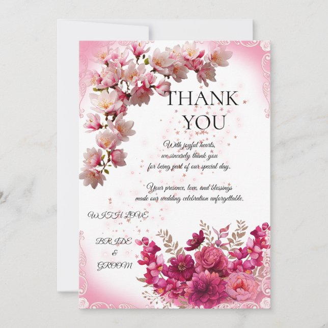 Pink Floral Wedding Thank You Card on White Dankeskarte (Vorderseite)