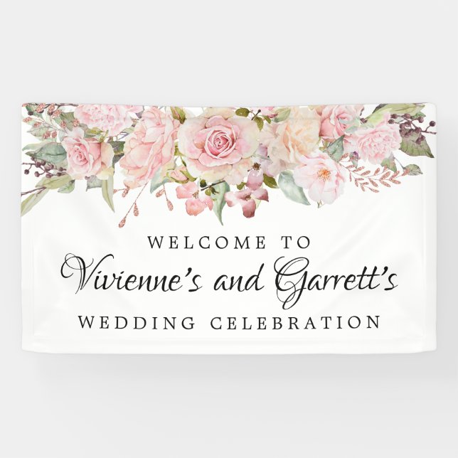 Pink Floral Wedding Willkommensbanner Banner (Horizontal)