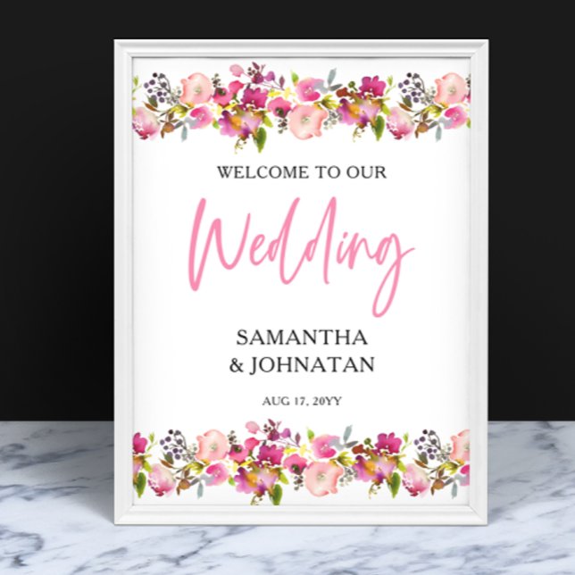 Pink Floral Wedding Willkommensschild Poster (Von Creator hochgeladen)
