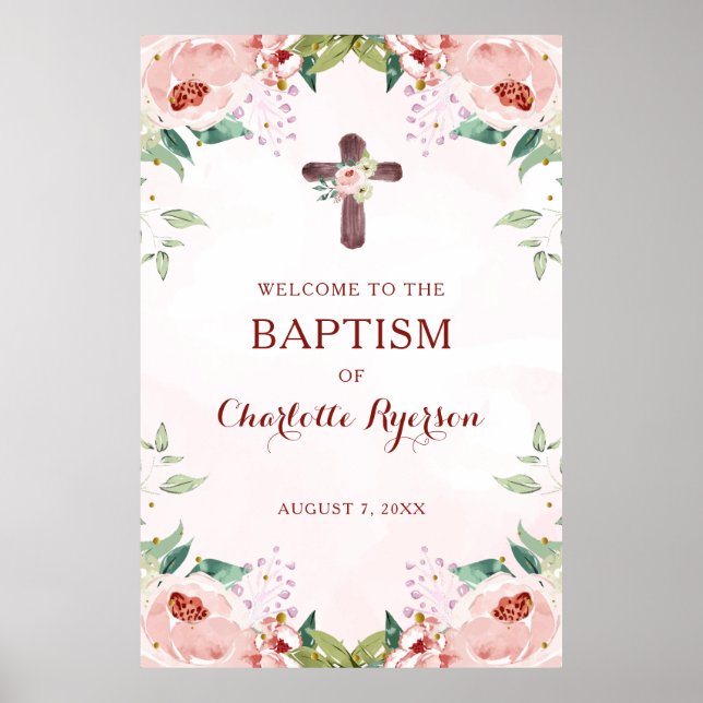 Pink Floral Welcome Baptism Poster (Vorne)