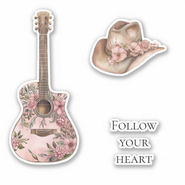 Pink Floral Western Floral Guitar Aufkleber (Vorderseite)