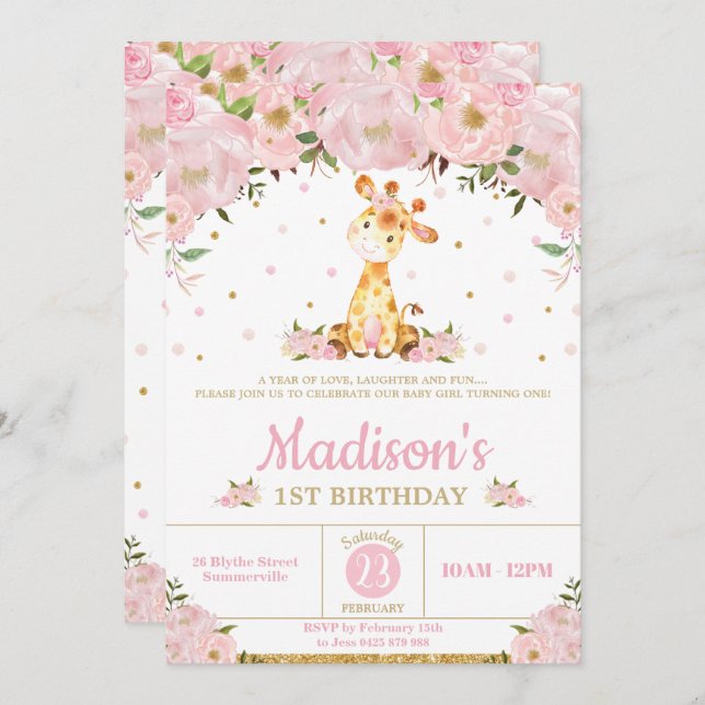 Pink Floral Whimsical Giraffe Girl Birthday Party Einladung (Vorne/Hinten)