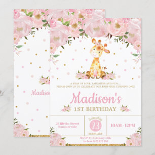 Pink Floral Whimsical Giraffe Girl Birthday Party Einladung
