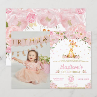 Pink Floral Whimsil Giraffe Girl Geburtstags-Foto Einladung