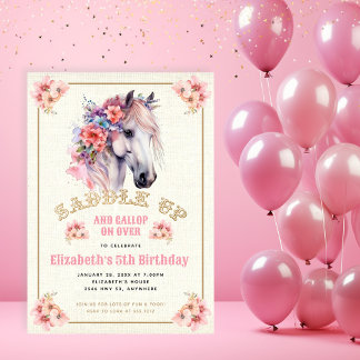 Pink Floral White Horse Geburtstagsparty Einladung