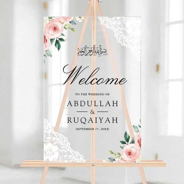 Pink Floral White Lace Muslim Wedding Welcome Acrylschild (Von Creator hochgeladen)