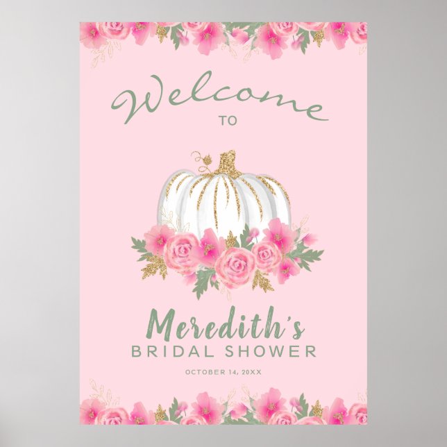 Pink Floral White Pumpkin Glitzer Brautparty Poster (Vorne)