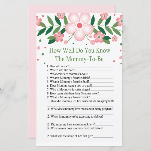 Pink Floral Wie gut kennen Sie Babydusche-Spiel (Vorne/Hinten)