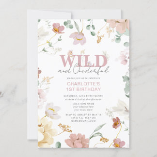 Pink Floral Wild & Onederful Girl 1. Geburtstag Einladung
