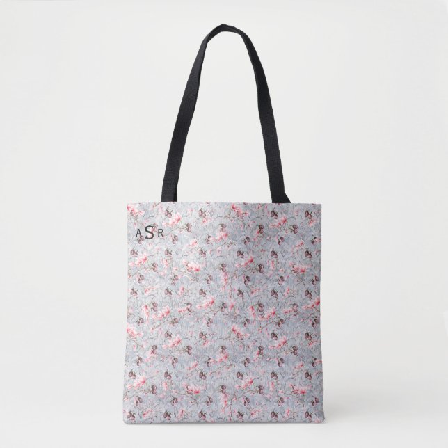 Pink Floral & Winter Berries Monogram Totbeutel (Vorderseite)