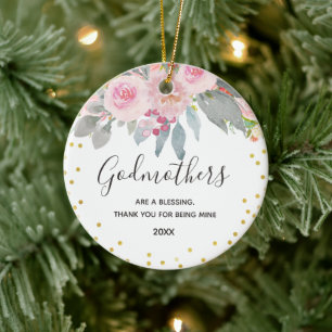 Pink Floral Winter Godmothers Gold Keramik Ornament