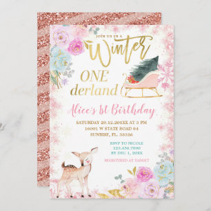 Pink Floral Winter Onederland Sleigh Geburtstag Einladung