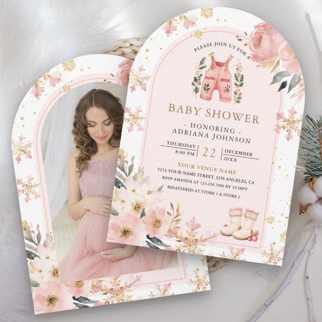 Pink Floral Winter Wonderland Foto Babydusche Einladung (Von Creator hochgeladen)