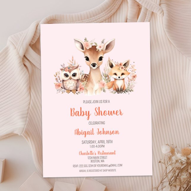Pink Floral Woodland Animal Baby Dusche Einladung (Boho Blush Pink Floral Woodland Animal Baby Shower, Deer Owl Fox, Baby Girl Shower, Chic Modern)