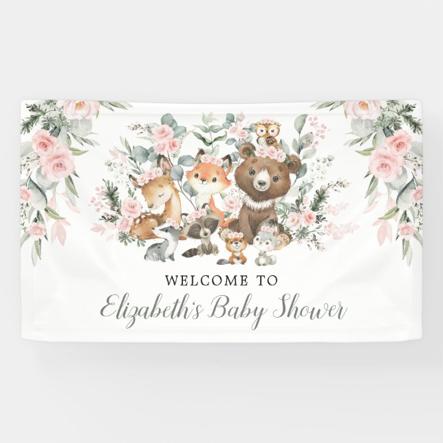 Pink Floral Woodland Forest Animals Baby Willkomme Banner (Horizontal)