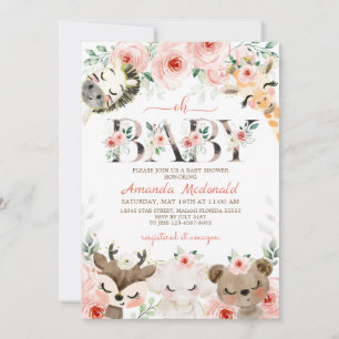 Pink Floral Woodland Girl Babydusche Einladung