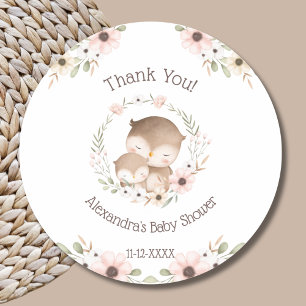Pink Floral Woodland Owl Babydusche Danke Runder Aufkleber