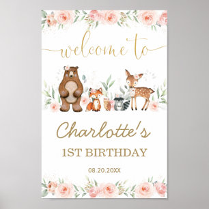Pink Floral Woodland Tier 1. Geburtstag Willkommen Poster