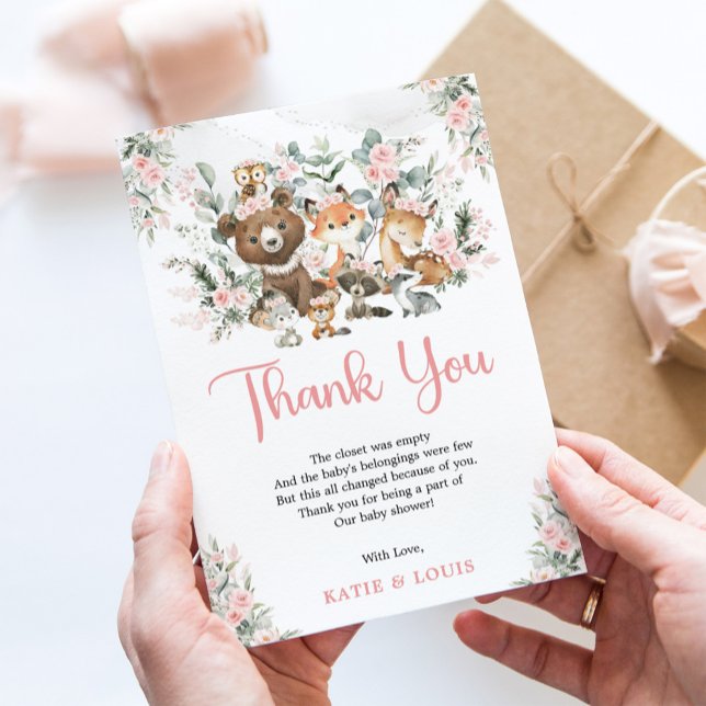 Pink Floral Woodland Tiere Grüne Kinderdusche Dankeskarte (Von Creator hochgeladen)