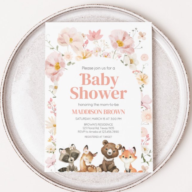 Pink Floral Woodland Tiere Kinderdusche Einladung (Pink Flower Woodland Animals Baby Shower Invitation)
