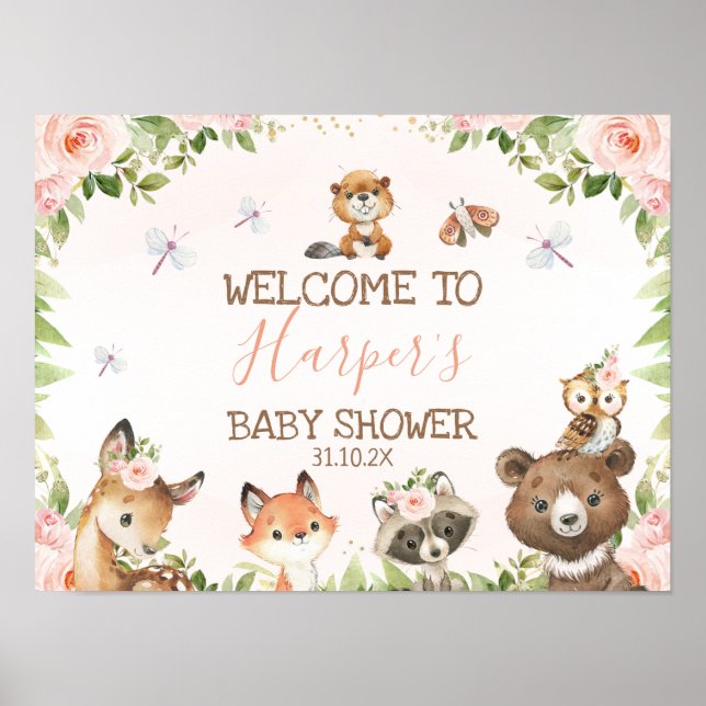 Pink Floral Woodland Tiere Kinderdusche Empfang Poster (Vorne)