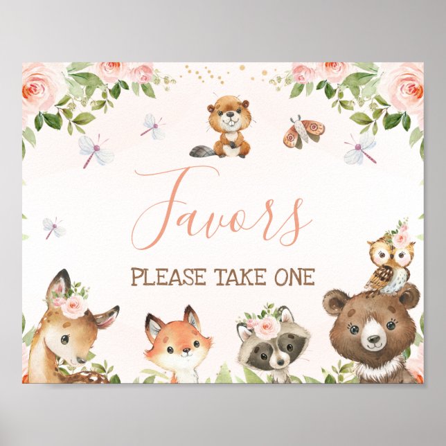 Pink Floral Woodland Tiere Kinderdusche Zeichen Poster (Vorne)