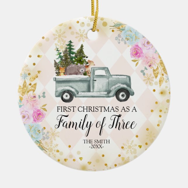 Pink Floral Woodland Weihnachtsfamilie von drei Keramik Ornament (Vorne)