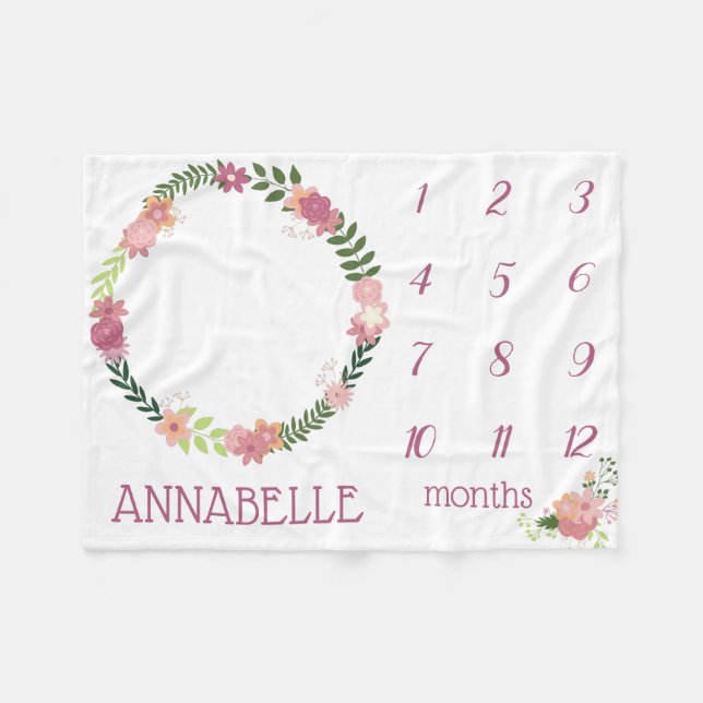 Pink Floral Wreath Baby Girl Milestone Schuppen Sc Fleecedecke (Vorderseite (Horizontal))