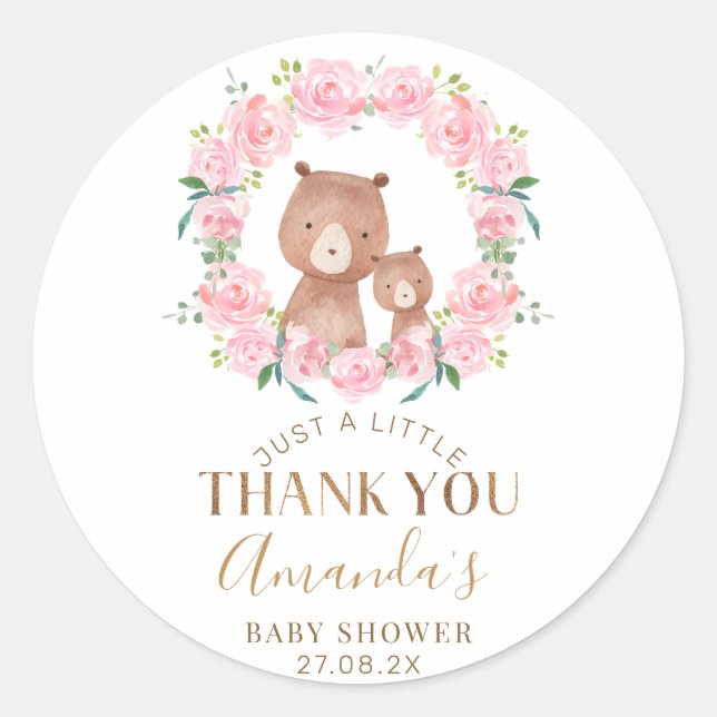 Pink Floral Wreath Bears Baby Dusche Sticker (Vorderseite)
